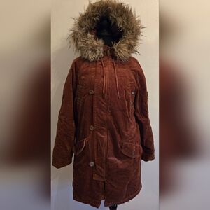 American Eagle Corduroy Parka Hood Faux Fur Rust Brown Small